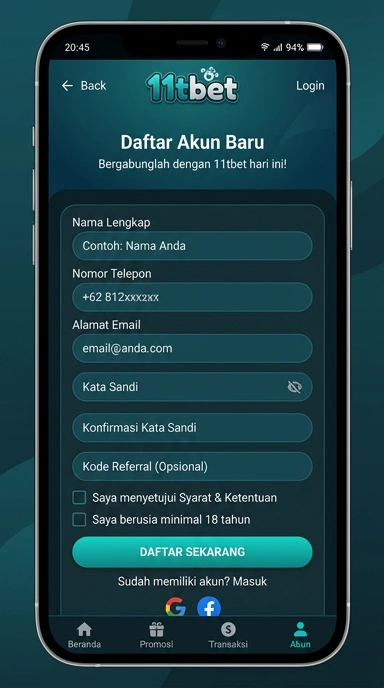 Tampilan halaman daftar 11tbet
