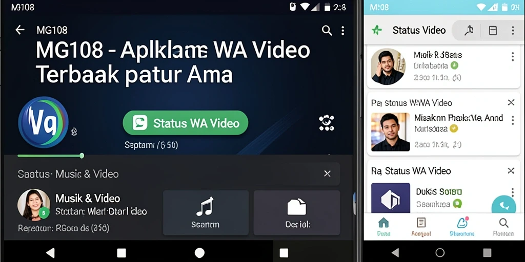Tampilan antarmuka MG108 dengan beragam pilihan video untuk status WA.
